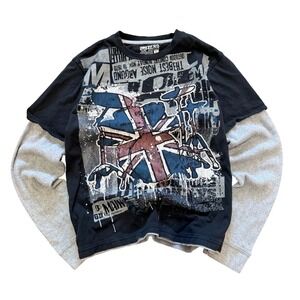 Subzero Grunge Union Jack Graphic Double Layer Thermal Tee Size L Skater Y2K